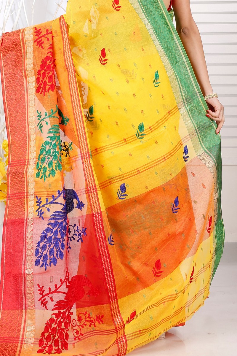 Yellow Red Pure Cotton Embi Ganga Moyur Tant Embroidery (1447)