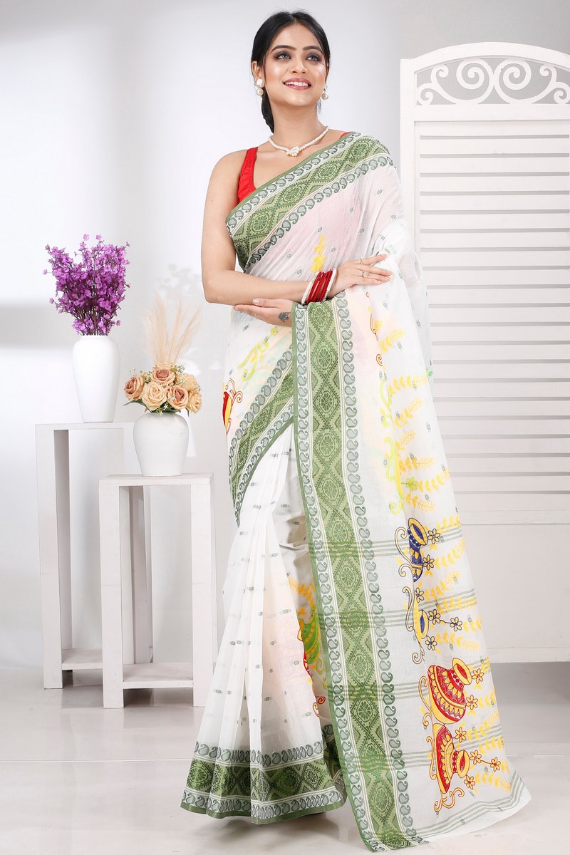 Green White Pure Cotton Embi Boysko Ghot Tant Embroidery (1448)