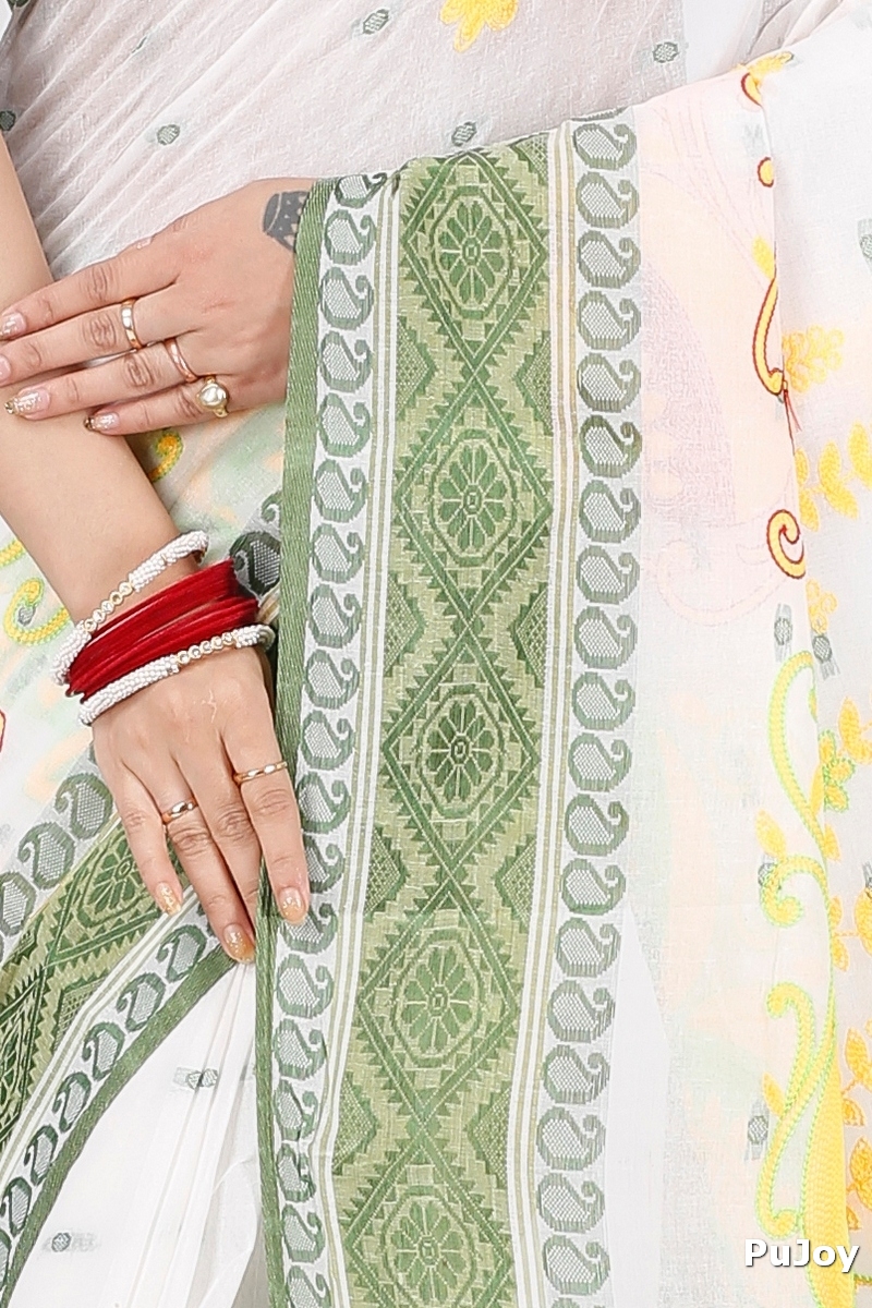 Green White Pure Cotton Embi Boysko Ghot Tant Embroidery (1448)