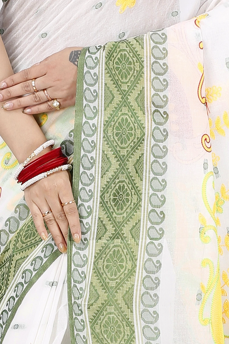 Green White Pure Cotton Embi Boysko Ghot Tant Embroidery (1448)