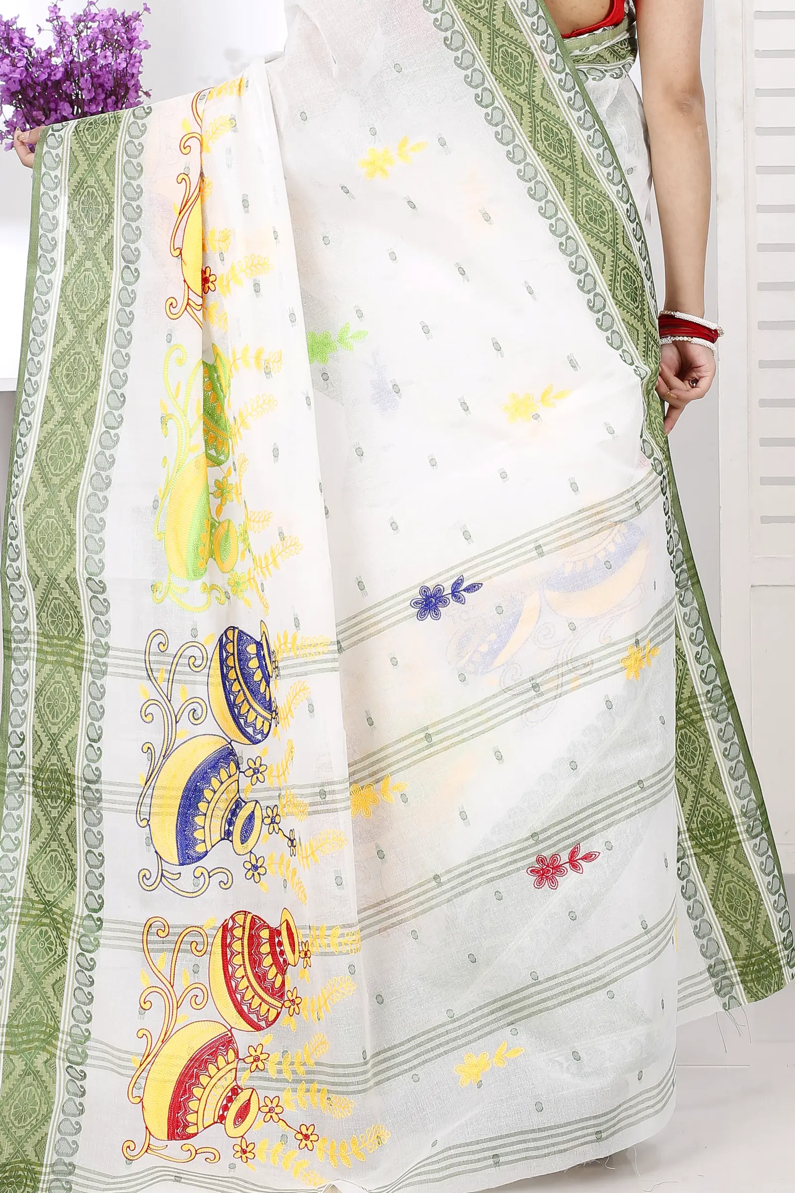 Green White Pure Cotton Embi Boysko Ghot Tant Embroidery (1448)
