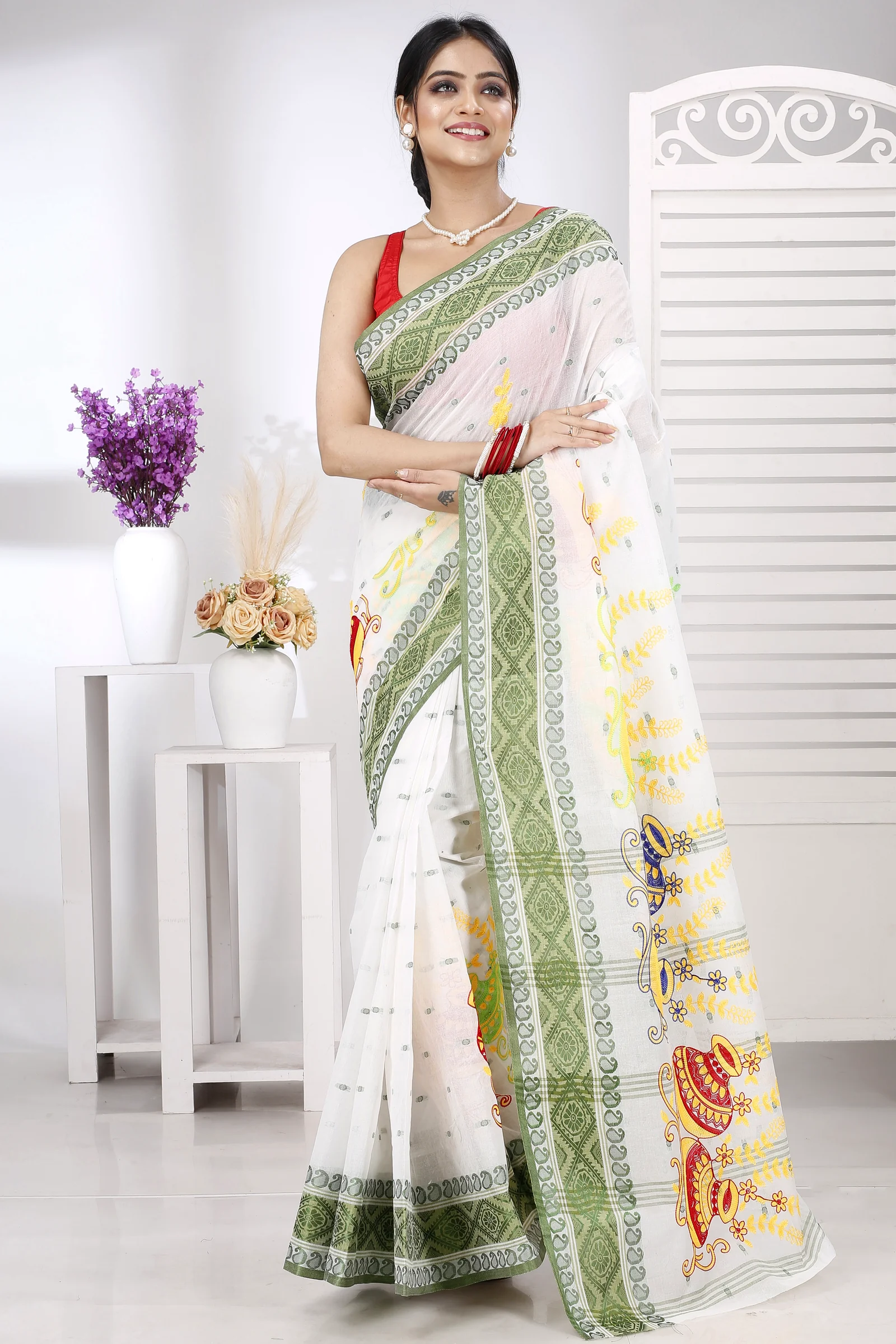 Green White Pure Cotton Embi Boysko Ghot Tant Embroidery (1448)