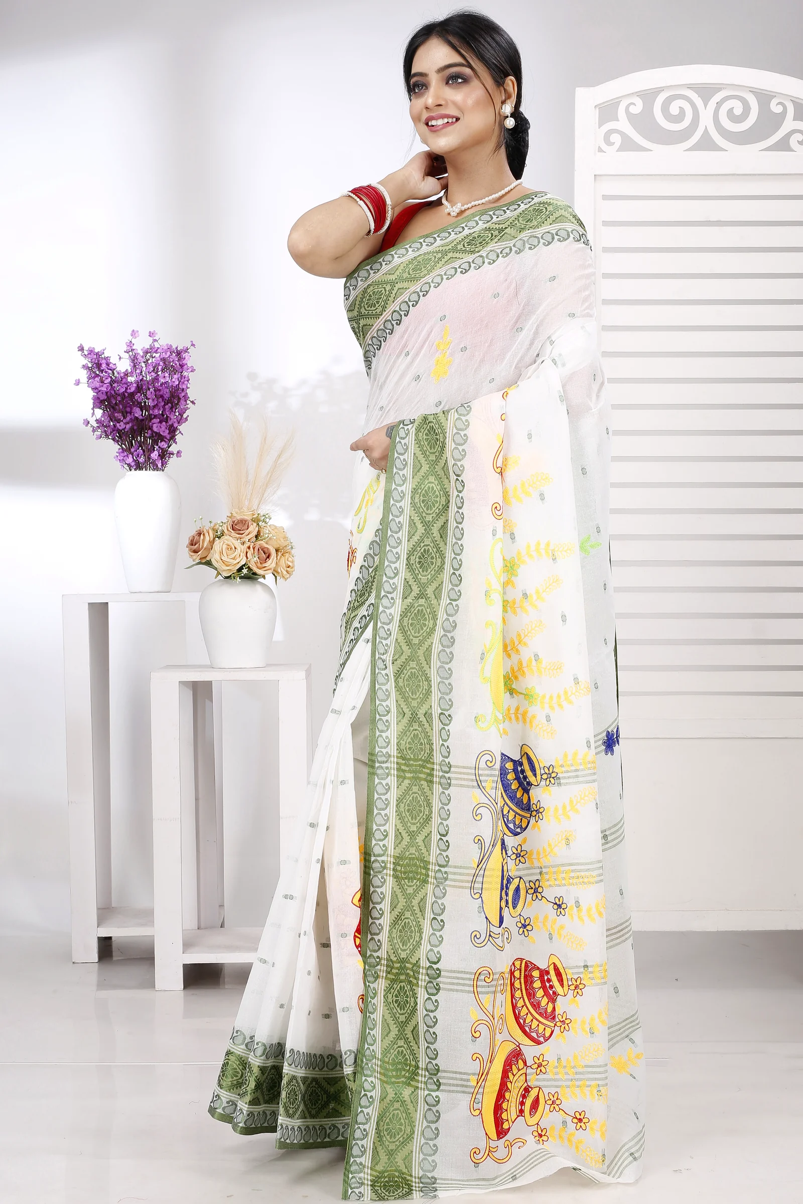Green White Pure Cotton Embi Boysko Ghot Tant Embroidery (1448)