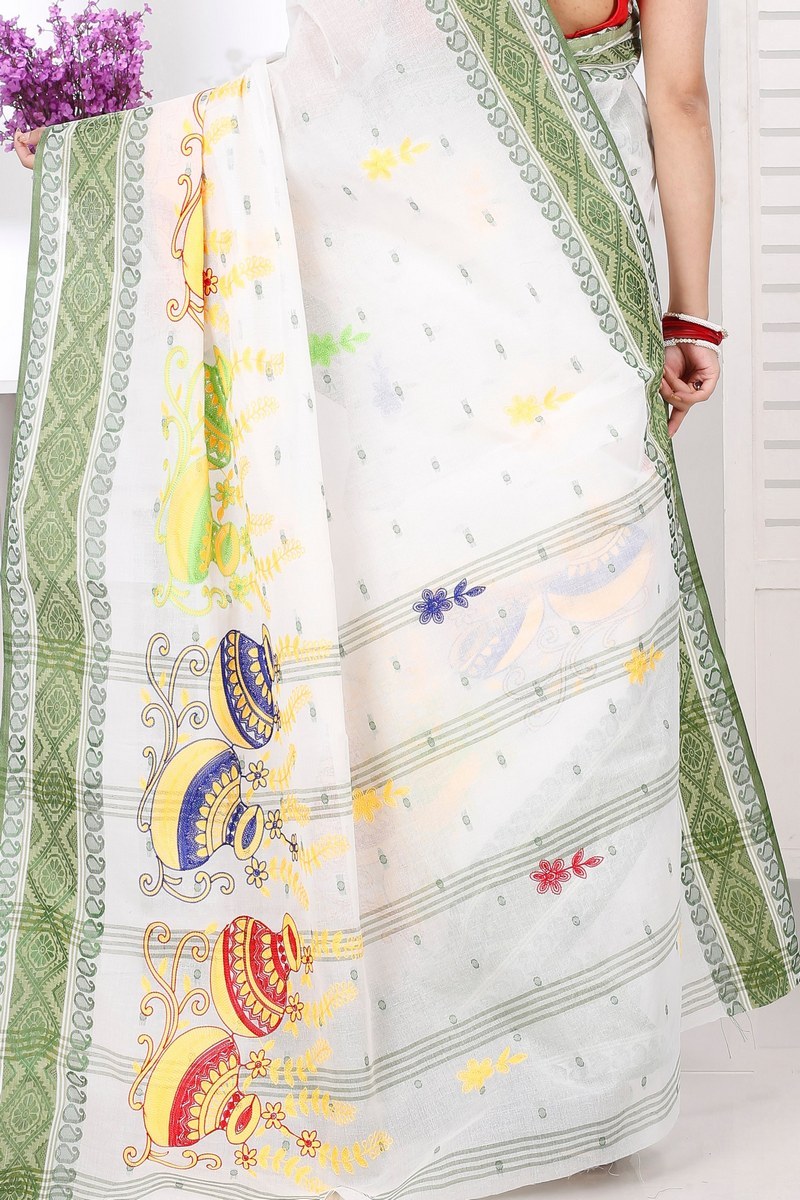 Green White Pure Cotton Embi Boysko Ghot Tant Embroidery (1448)