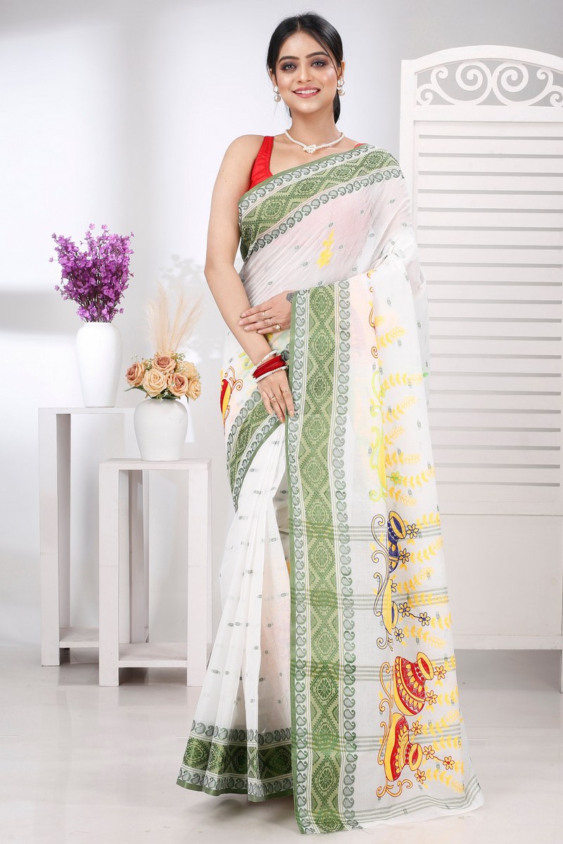 Green White Pure Cotton Embi Boysko Ghot Tant Embroidery (1448)