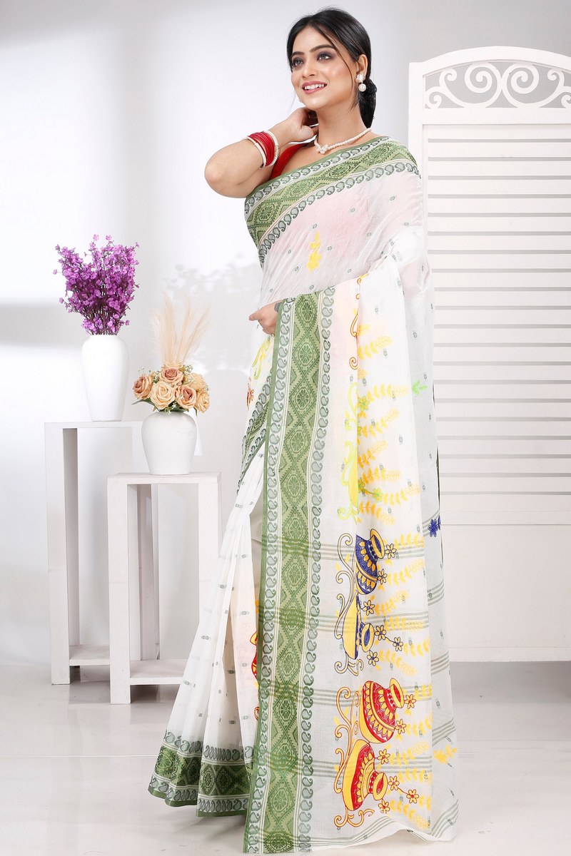 Green White Pure Cotton Embi Boysko Ghot Tant Embroidery (1448)