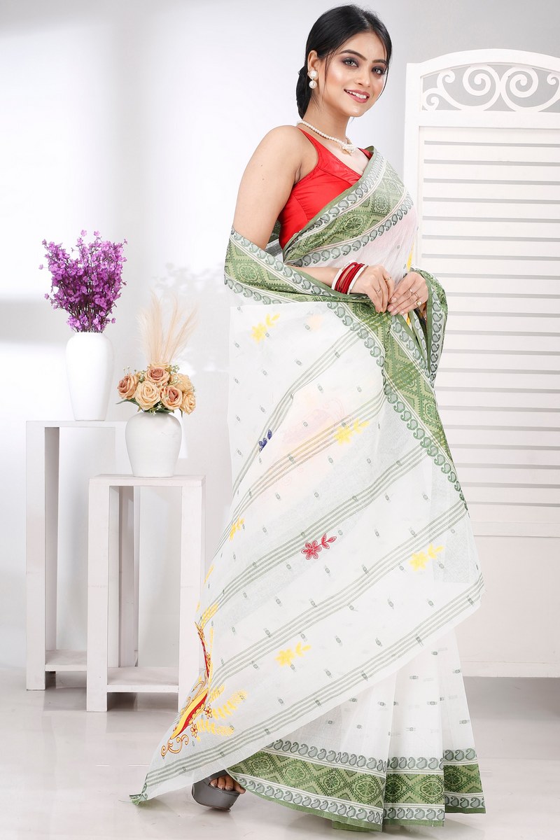 Green White Pure Cotton Embi Boysko Ghot Tant Embroidery (1448)