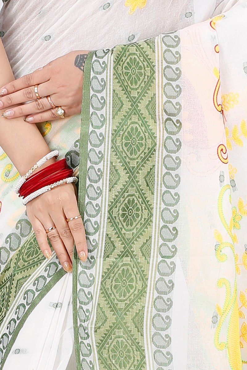 Green White Pure Cotton Embi Boysko Ghot Tant Embroidery (1448)