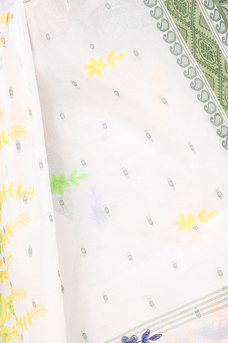 Green White Pure Cotton Embi Boysko Ghot Tant Embroidery (1448)