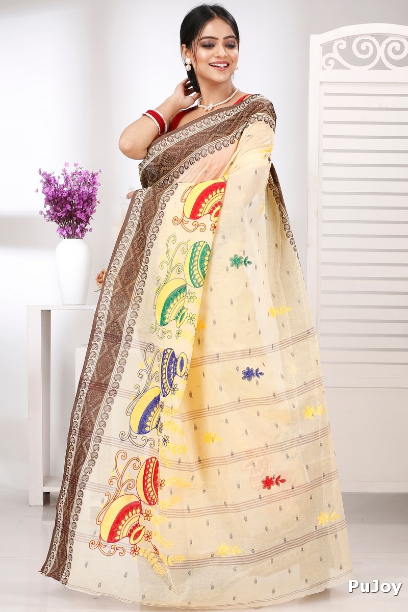 Brown White Pure Cotton Embi Boysko Ghot Tant Embroidery (1449)