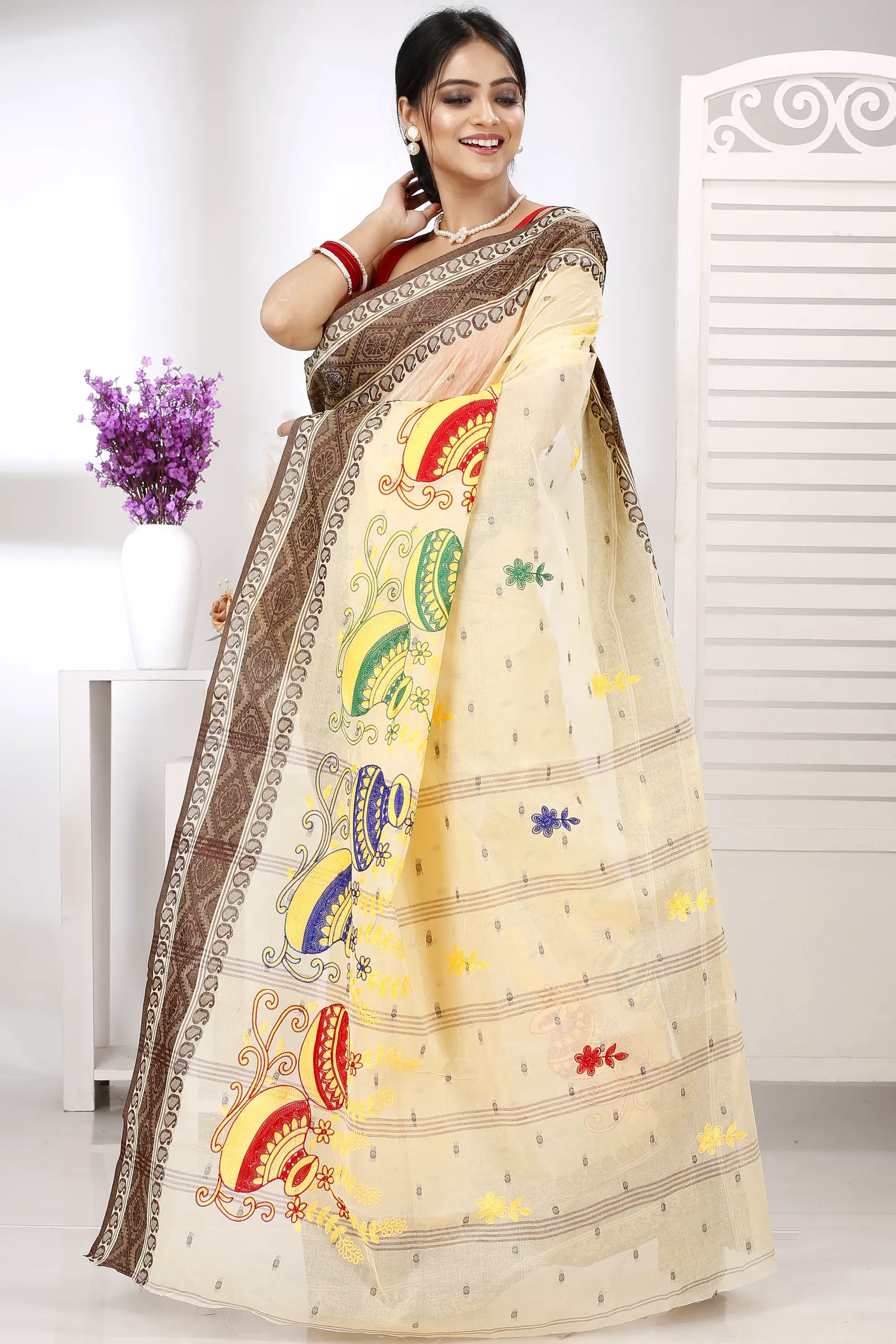 Brown White Pure Cotton Embi Boysko Ghot Tant Embroidery (1449)