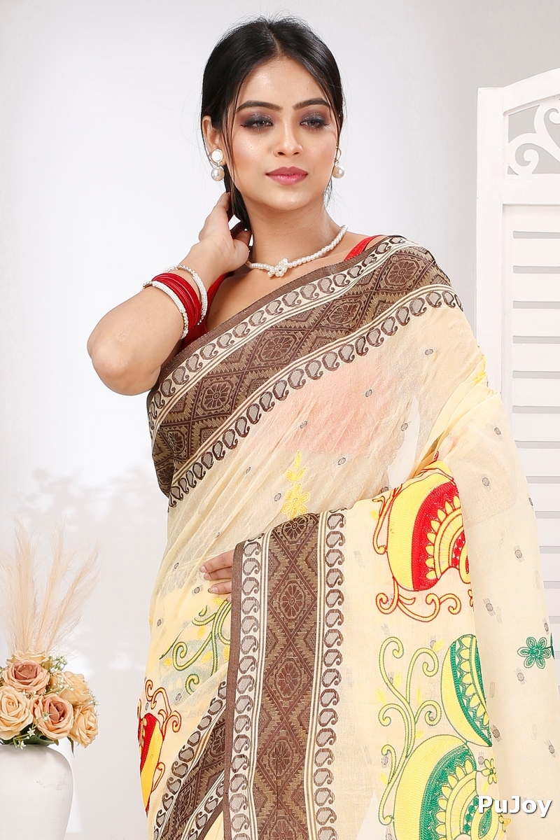 Brown White Pure Cotton Embi Boysko Ghot Tant Embroidery (1449)