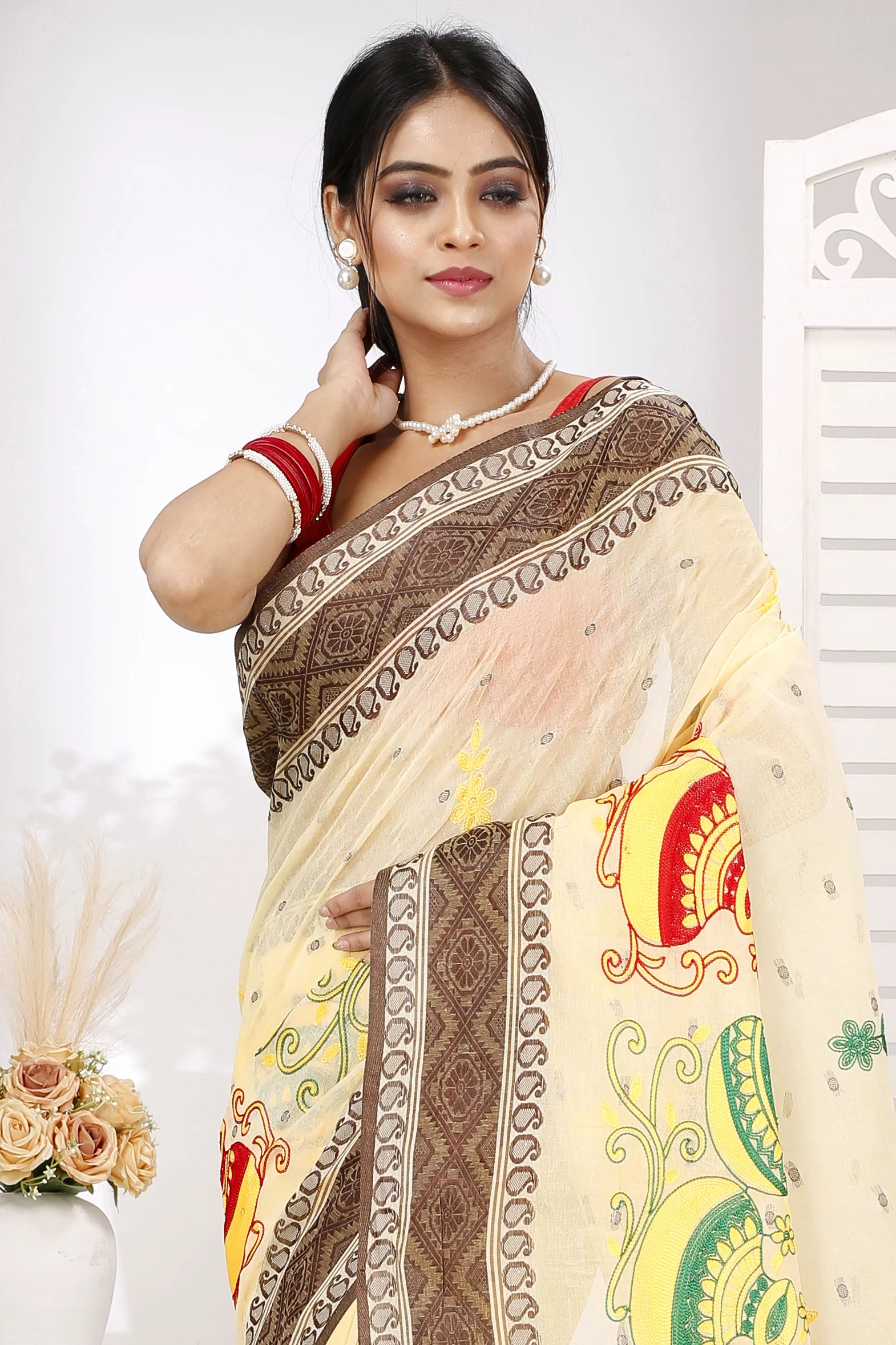 Brown White Pure Cotton Embi Boysko Ghot Tant Embroidery (1449)