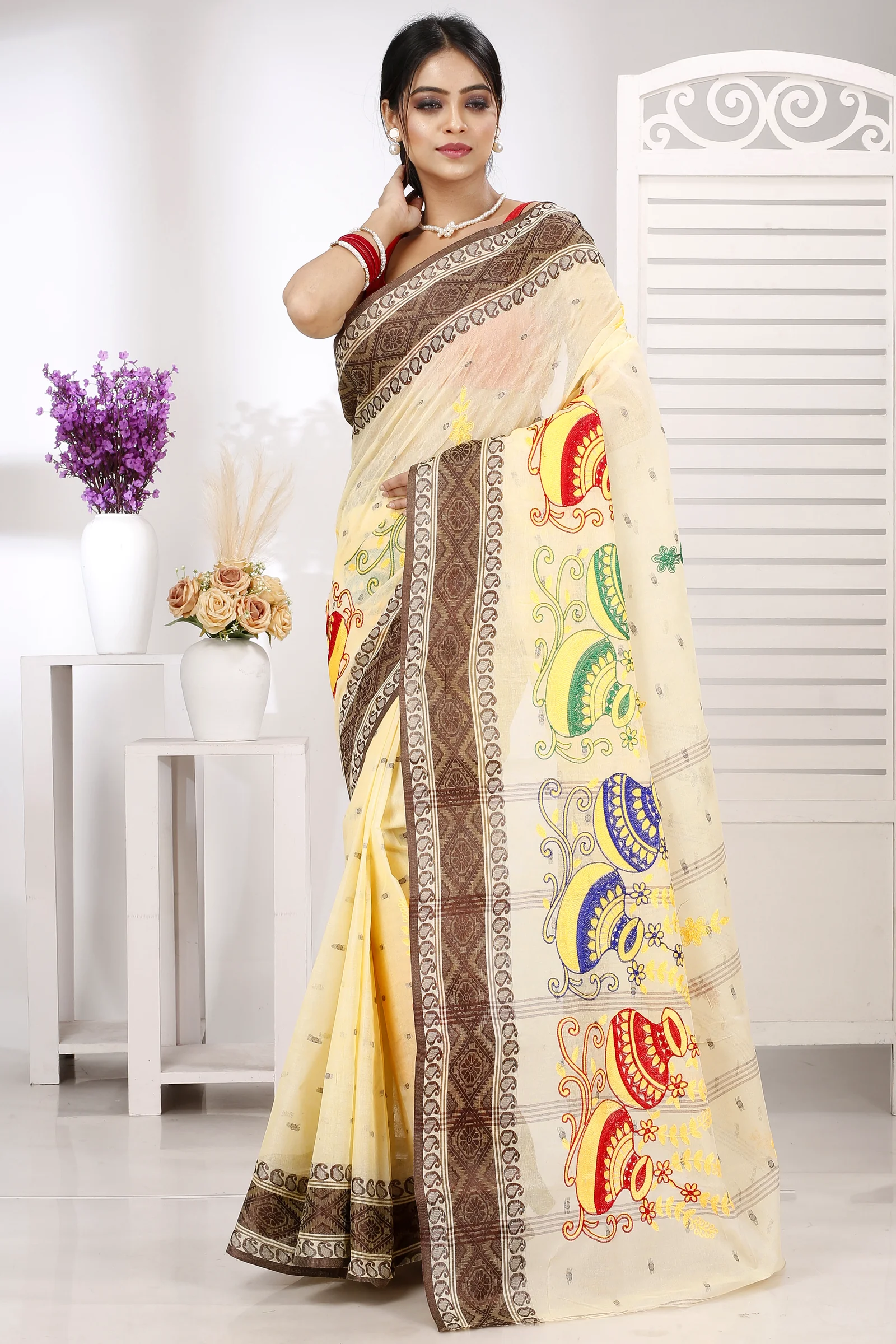 Brown White Pure Cotton Embi Boysko Ghot Tant Embroidery (1449)