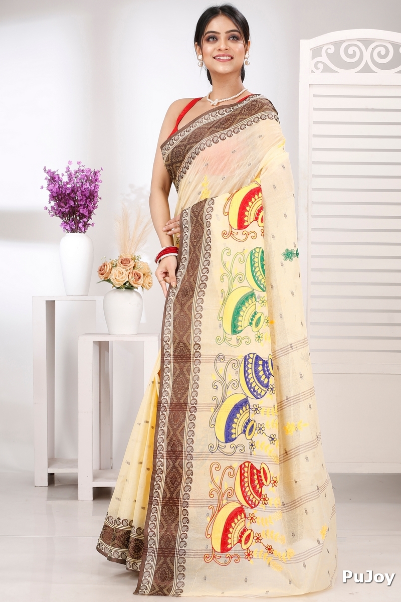 Brown White Pure Cotton Embi Boysko Ghot Tant Embroidery (1449)