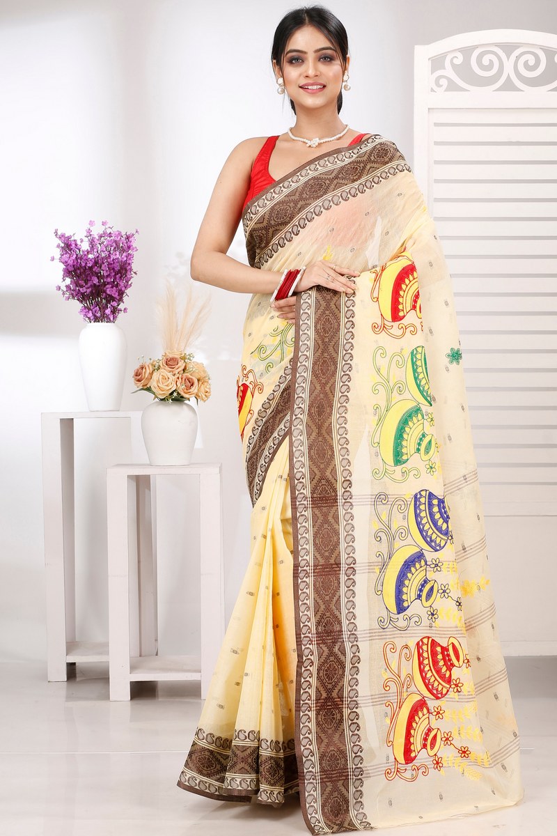 Brown White Pure Cotton Embi Boysko Ghot Tant Embroidery (1449)