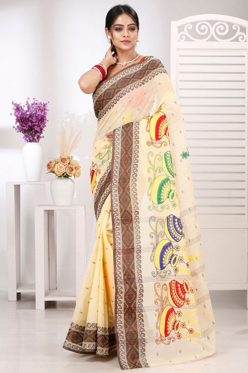 Brown White Pure Cotton Embi Boysko Ghot Tant Embroidery (1449)