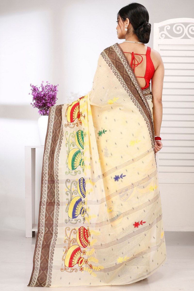 Brown White Pure Cotton Embi Boysko Ghot Tant Embroidery (1449)