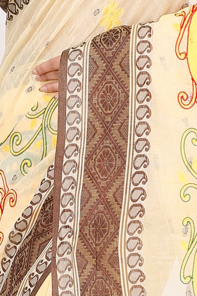 Brown White Pure Cotton Embi Boysko Ghot Tant Embroidery (1449)