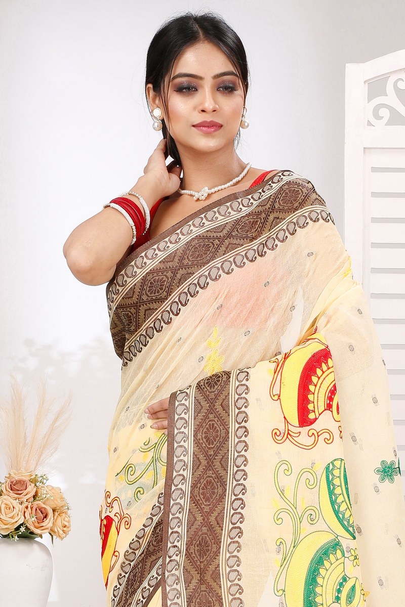 Brown White Pure Cotton Embi Boysko Ghot Tant Embroidery (1449)