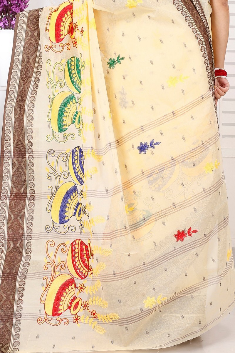 Brown White Pure Cotton Embi Boysko Ghot Tant Embroidery (1449)