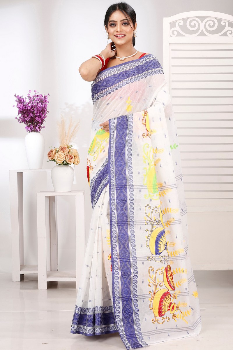 Blue White Pure Cotton Embi Boysko Ghot Tant Embroidery (1450)