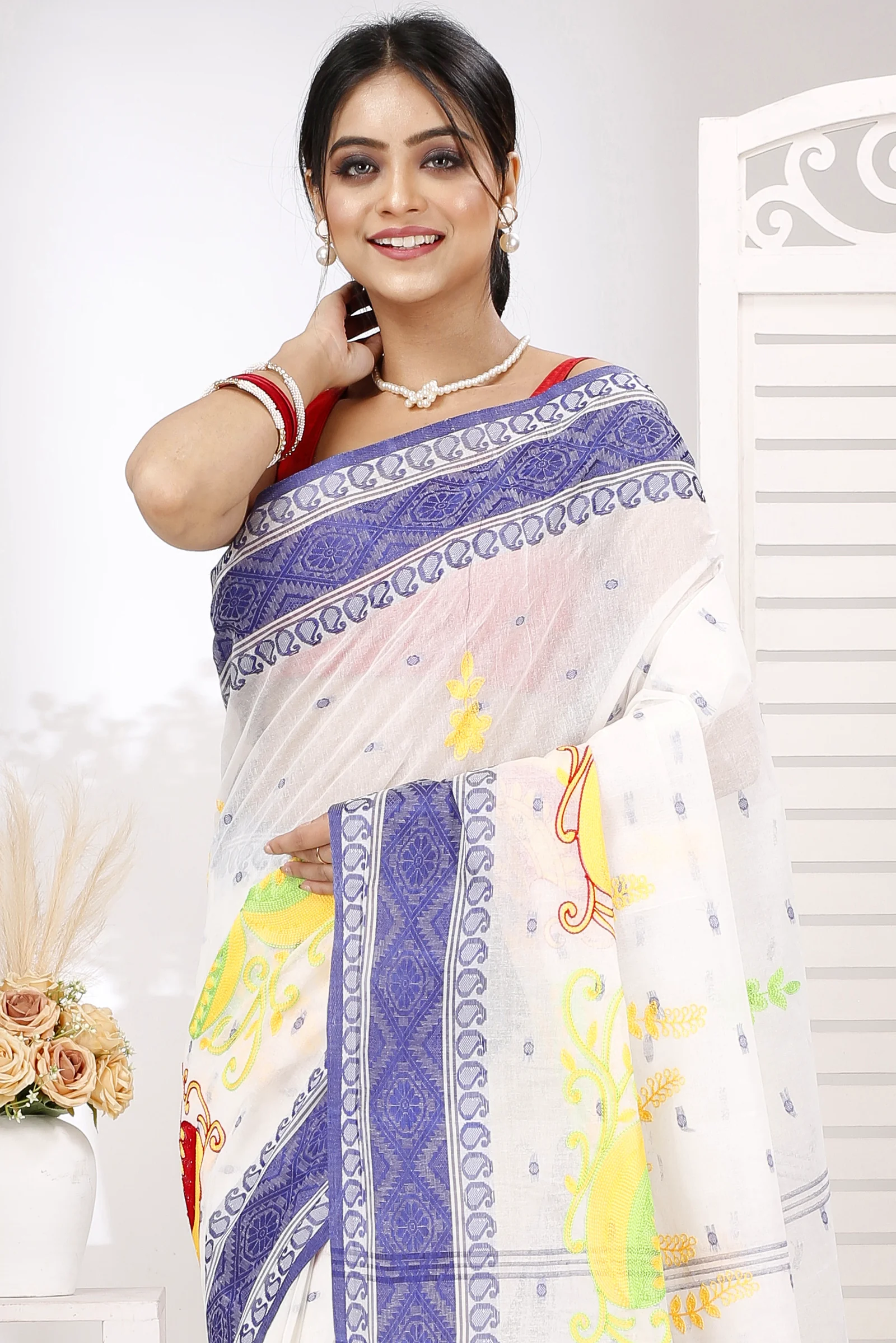 Blue White Pure Cotton Embi Boysko Ghot Tant Embroidery (1450)