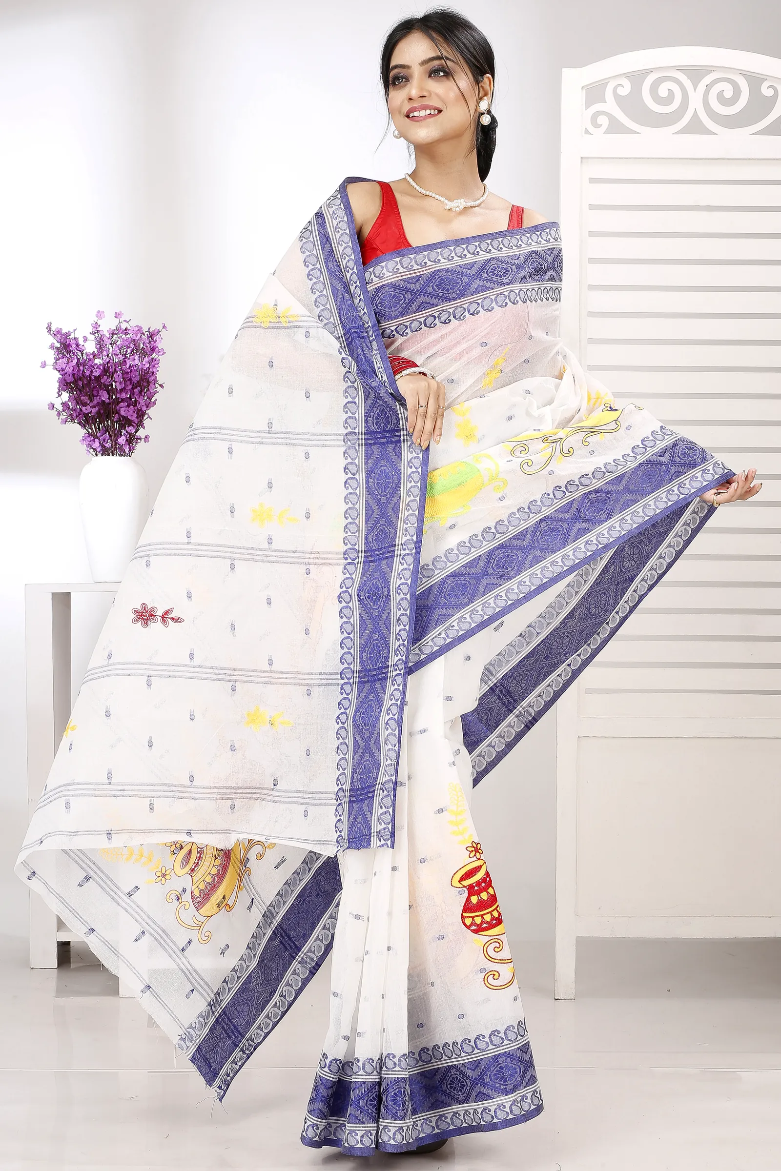 Blue White Pure Cotton Embi Boysko Ghot Tant Embroidery (1450)