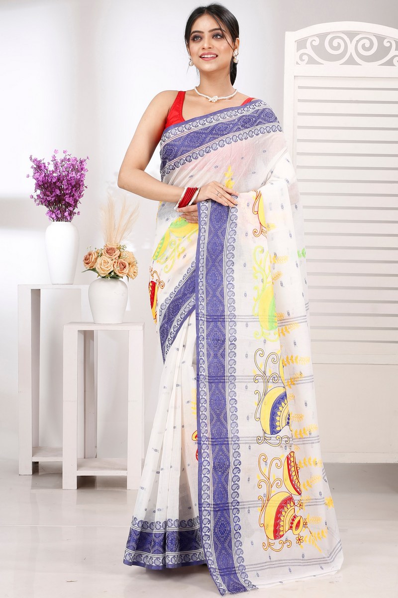 Blue White Pure Cotton Embi Boysko Ghot Tant Embroidery (1450)