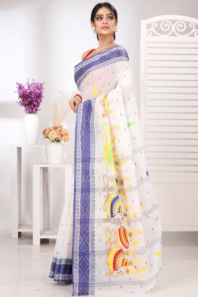 Blue White Pure Cotton Embi Boysko Ghot Tant Embroidery (1450)