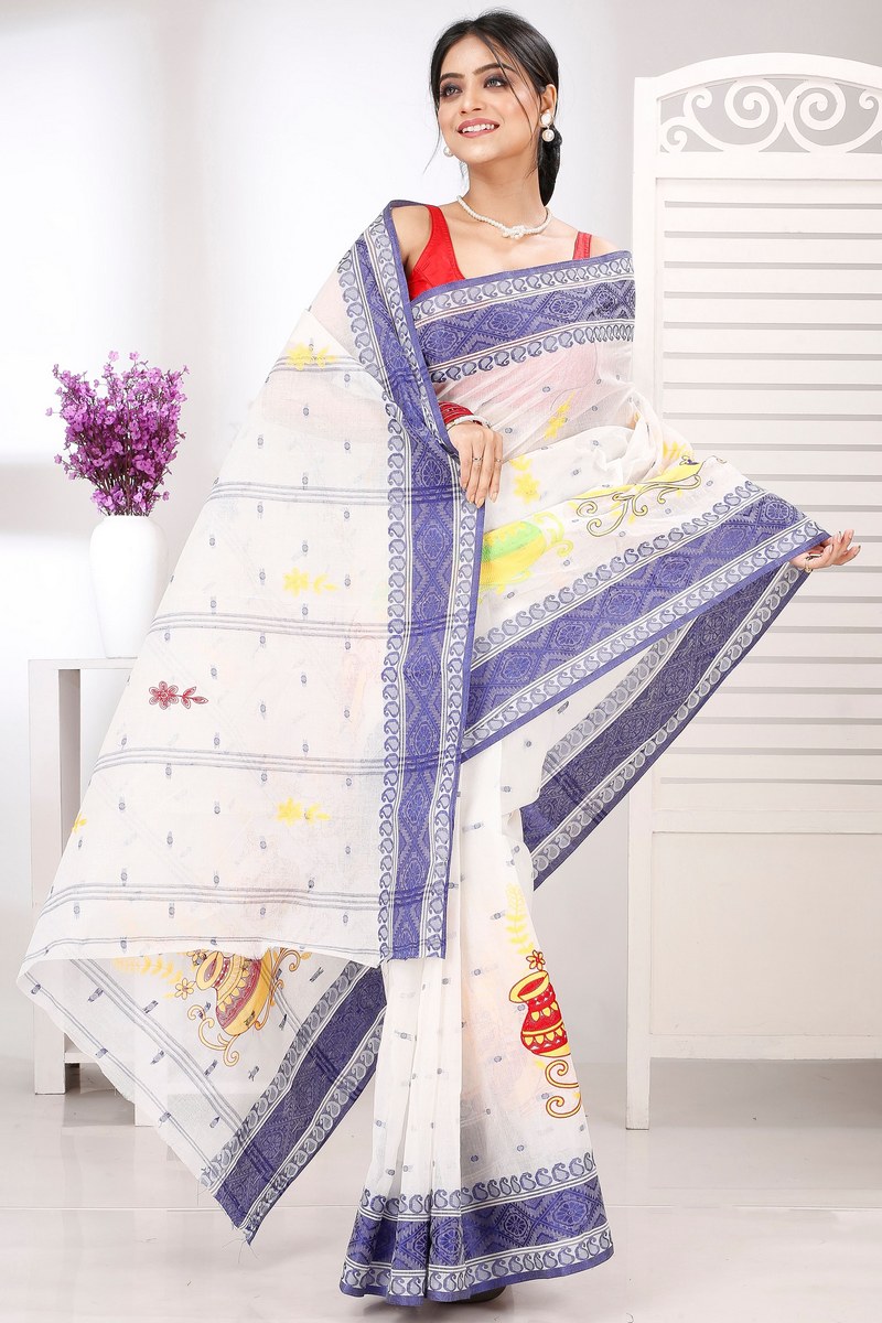 Blue White Pure Cotton Embi Boysko Ghot Tant Embroidery (1450)