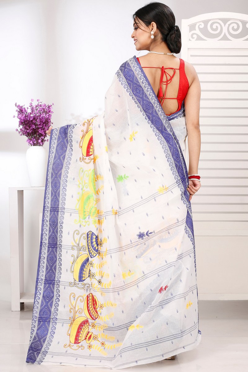 Blue White Pure Cotton Embi Boysko Ghot Tant Embroidery (1450)