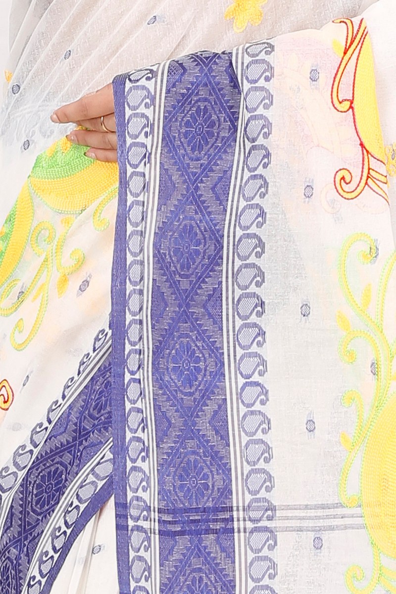 Blue White Pure Cotton Embi Boysko Ghot Tant Embroidery (1450)