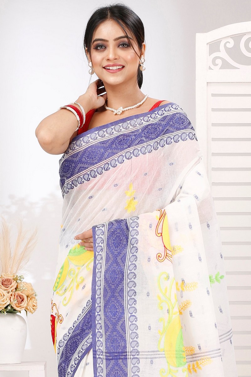 Blue White Pure Cotton Embi Boysko Ghot Tant Embroidery (1450)