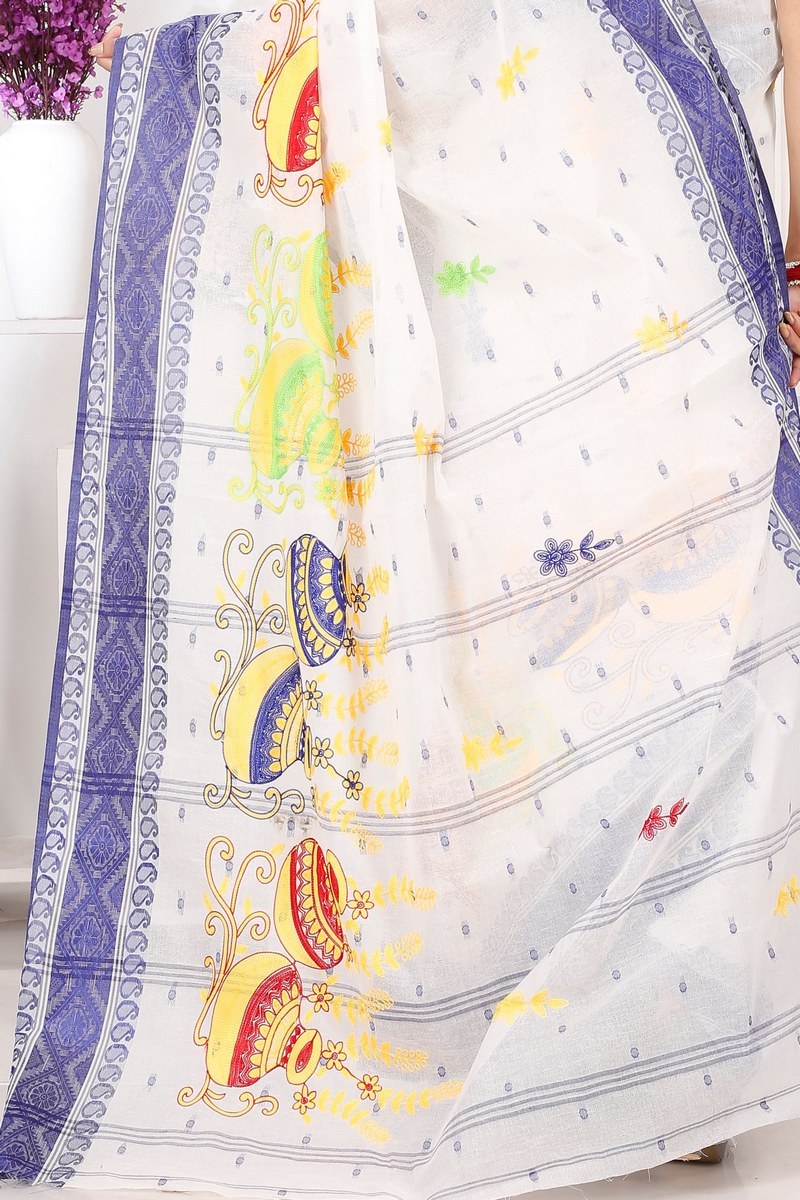 Blue White Pure Cotton Embi Boysko Ghot Tant Embroidery (1450)