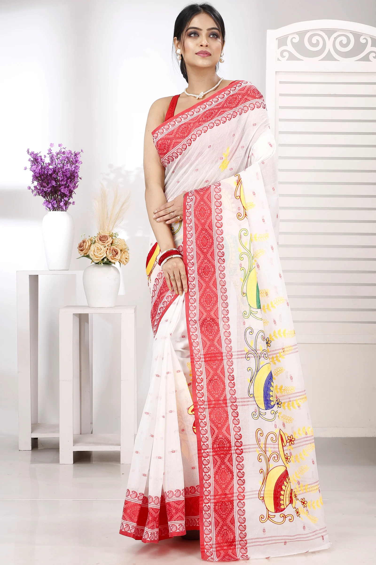 Red White Pure Cotton Embi Boysko Ghot Tant Embroidery (1451)