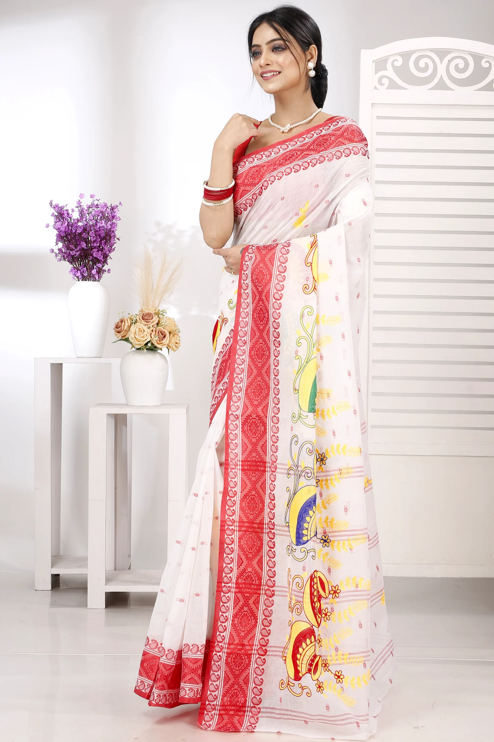 Red White Pure Cotton Embi Boysko Ghot Tant Embroidery (1451)