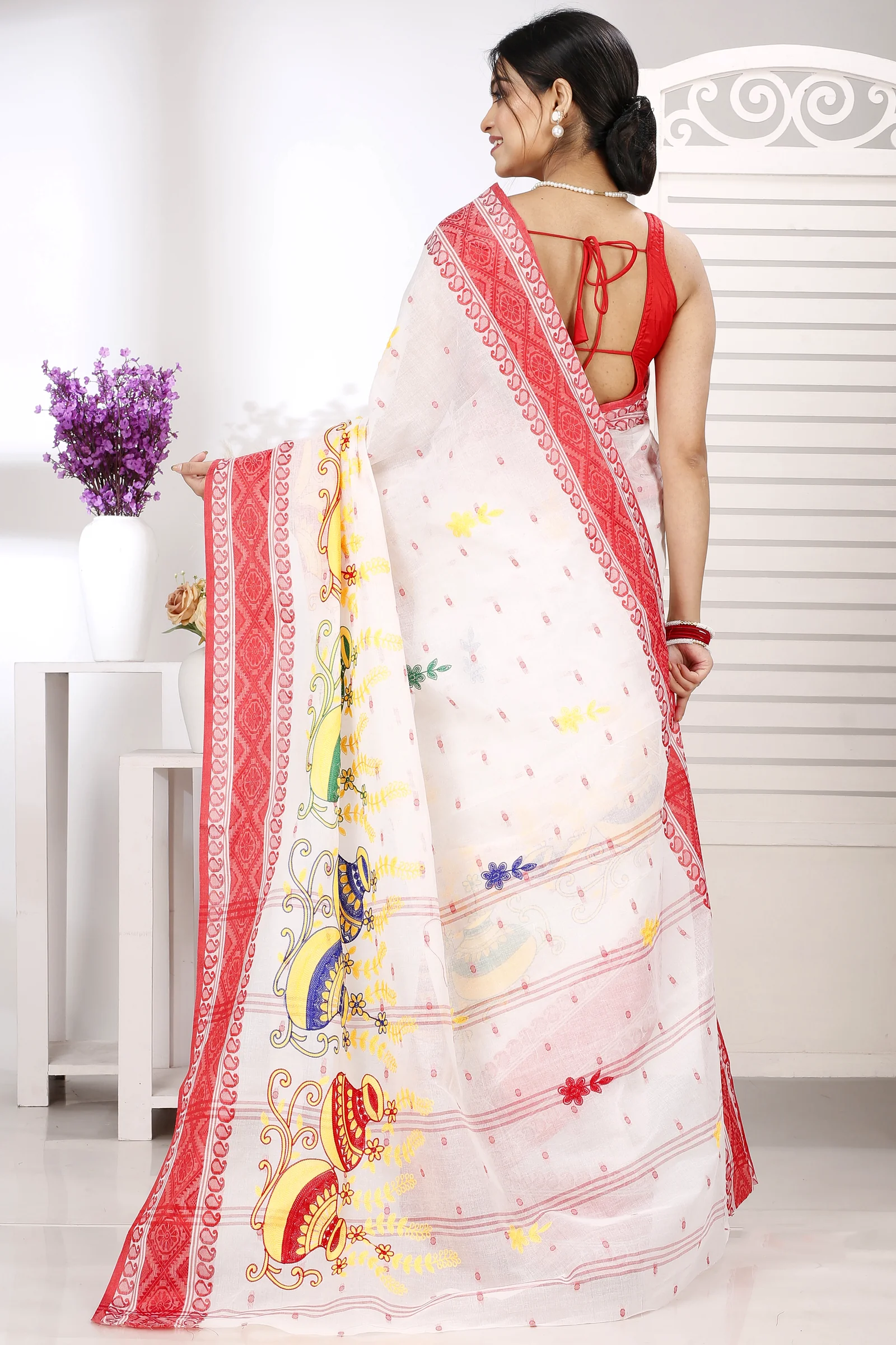 Red White Pure Cotton Embi Boysko Ghot Tant Embroidery (1451)