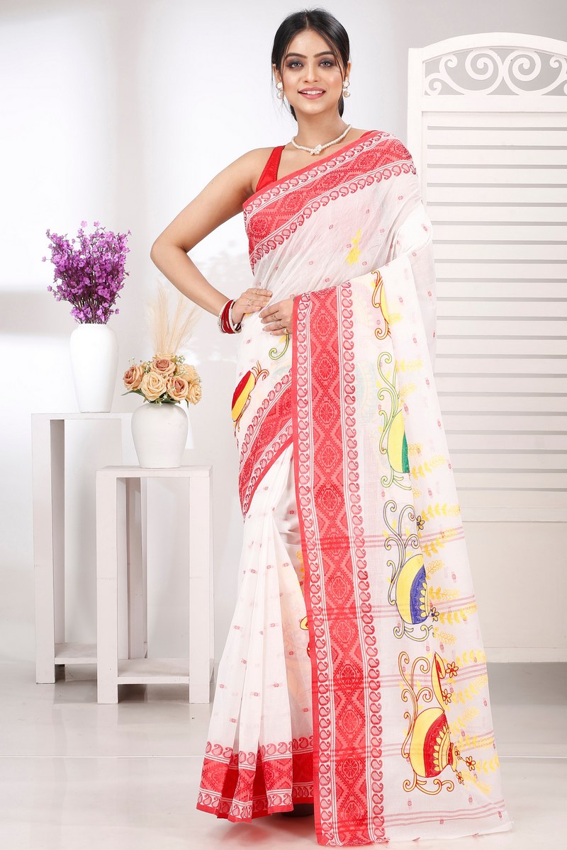 Red White Pure Cotton Embi Boysko Ghot Tant Embroidery (1451)