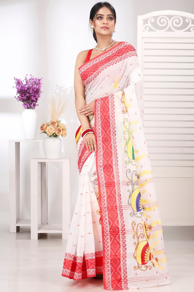 Red White Pure Cotton Embi Boysko Ghot Tant Embroidery (1451)