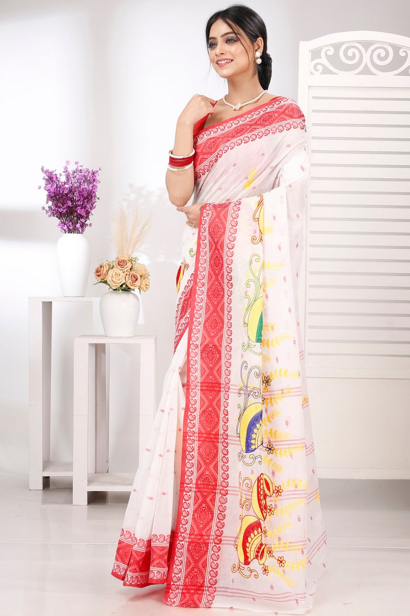 Red White Pure Cotton Embi Boysko Ghot Tant Embroidery (1451)