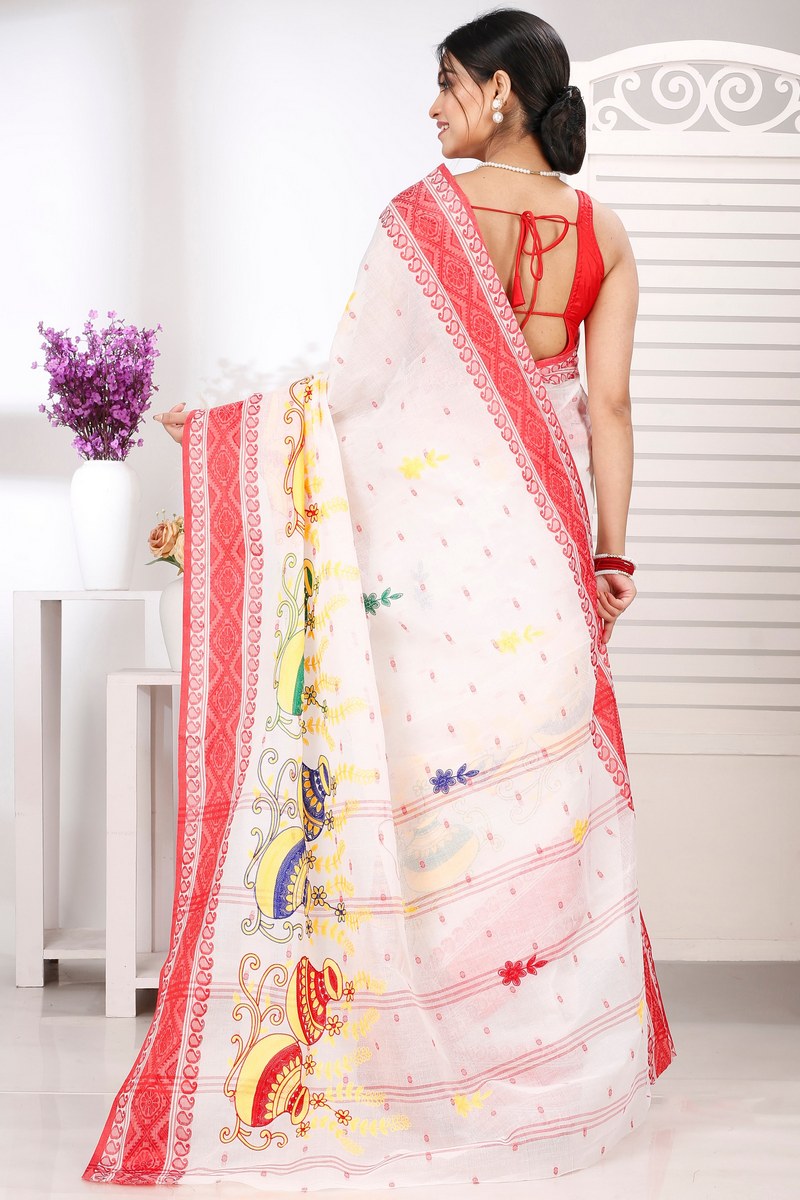 Red White Pure Cotton Embi Boysko Ghot Tant Embroidery (1451)