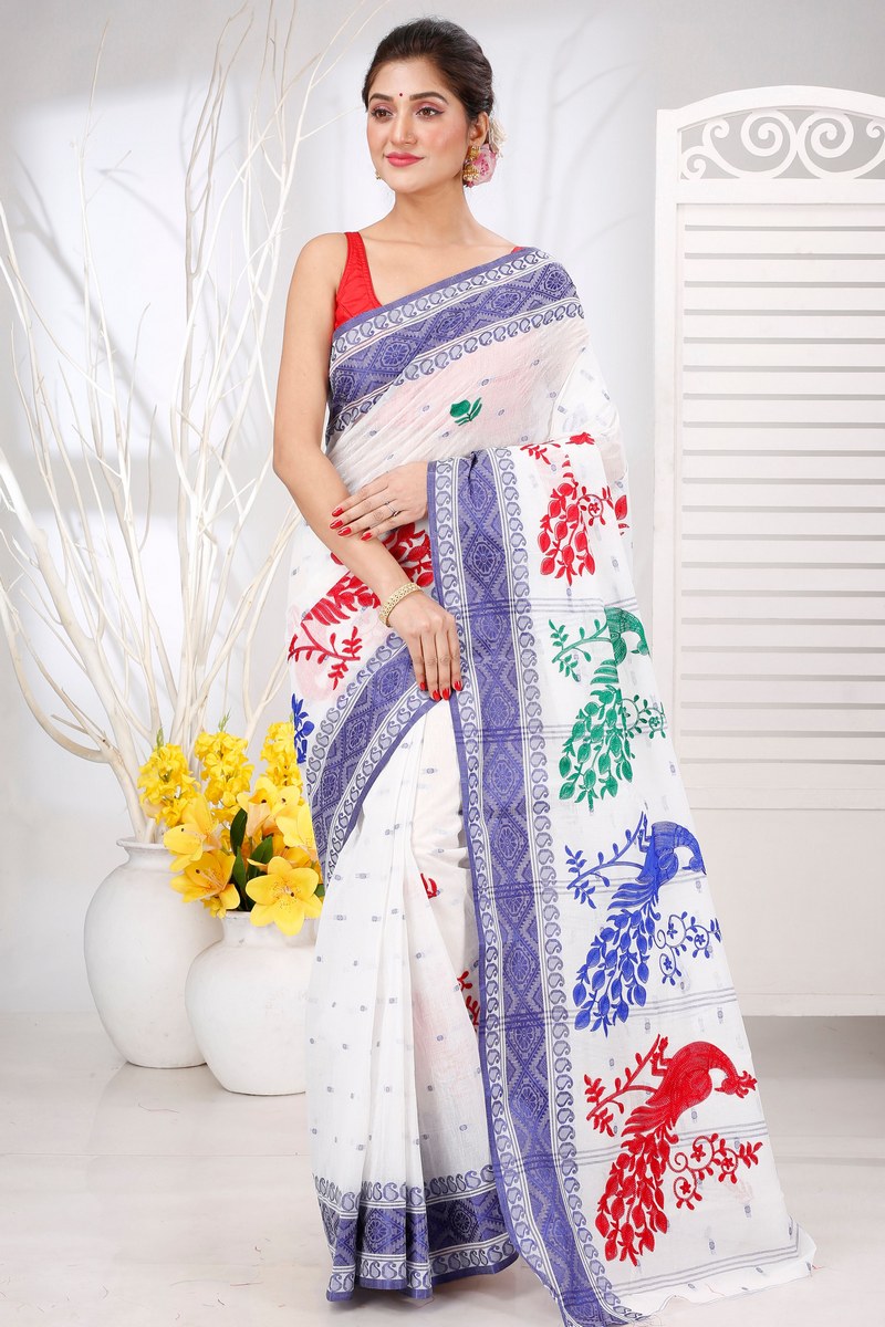 Blue White Pure Cotton Embi Boysko Moyur Tant Embroidery (1454)