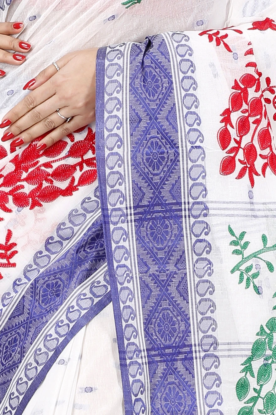 Blue White Pure Cotton Embi Boysko Moyur Tant Embroidery (1454)