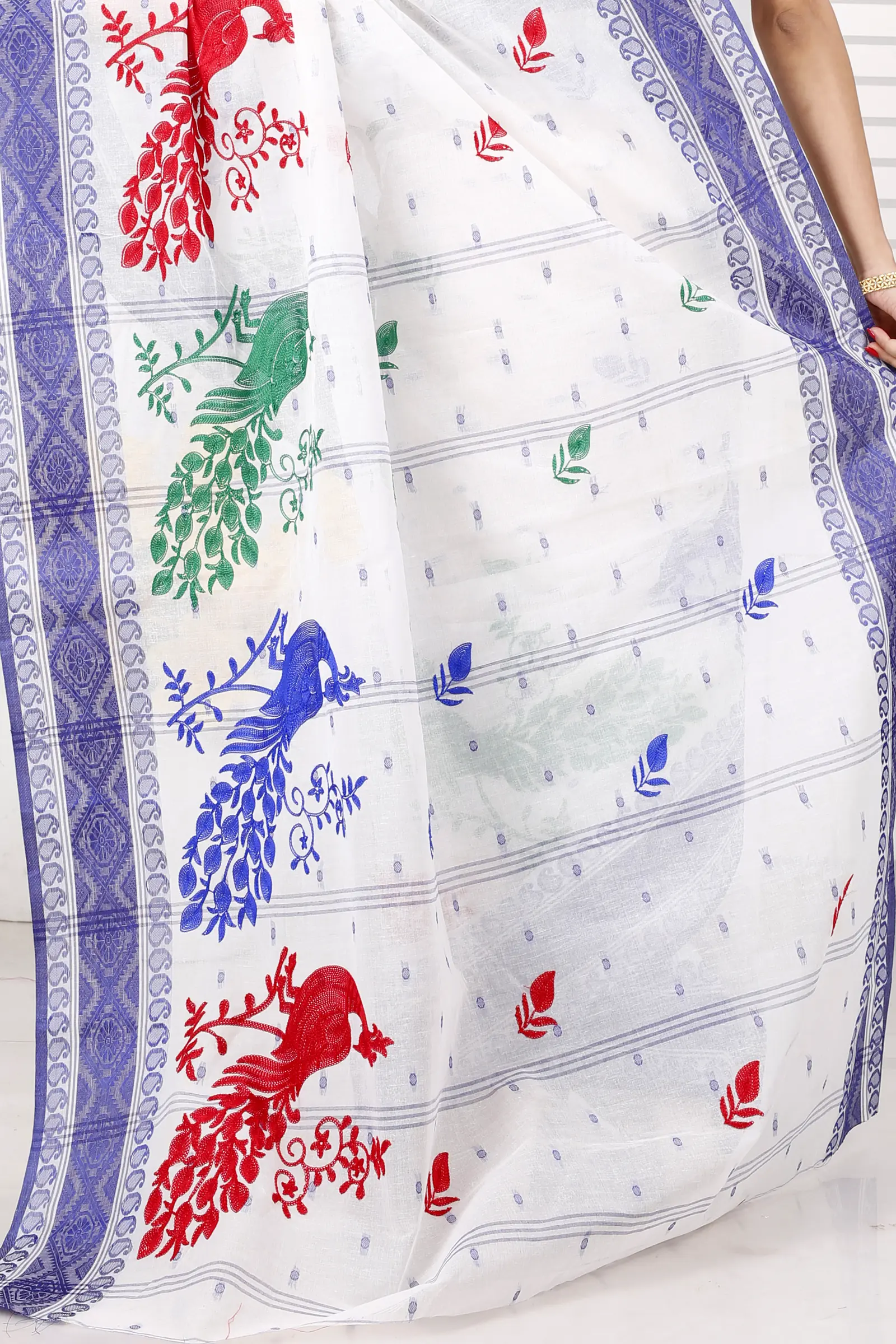 Blue White Pure Cotton Embi Boysko Moyur Tant Embroidery (1454)