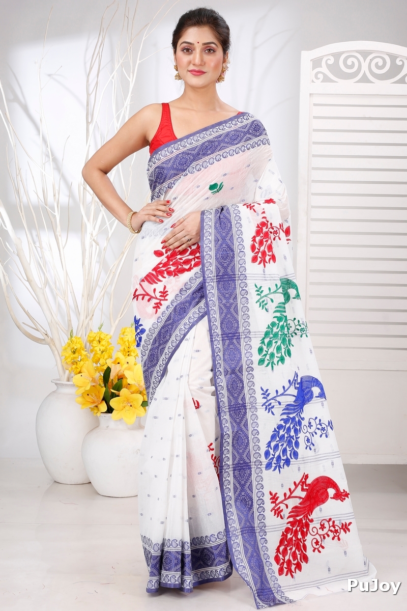 Blue White Pure Cotton Embi Boysko Moyur Tant Embroidery (1454)