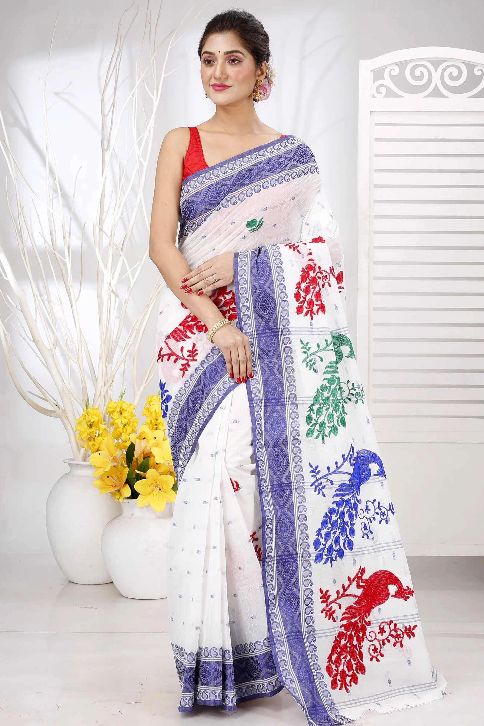 Blue White Pure Cotton Embi Boysko Moyur Tant Embroidery (1454)