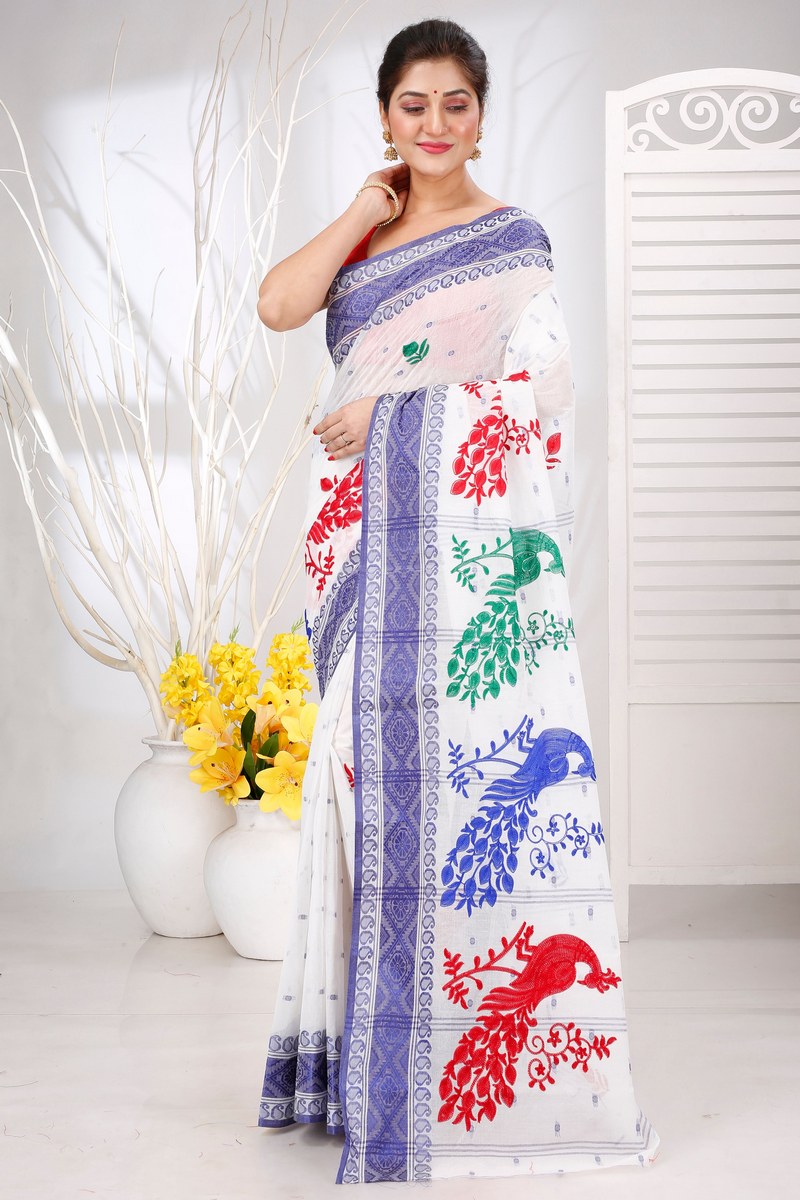 Blue White Pure Cotton Embi Boysko Moyur Tant Embroidery (1454)