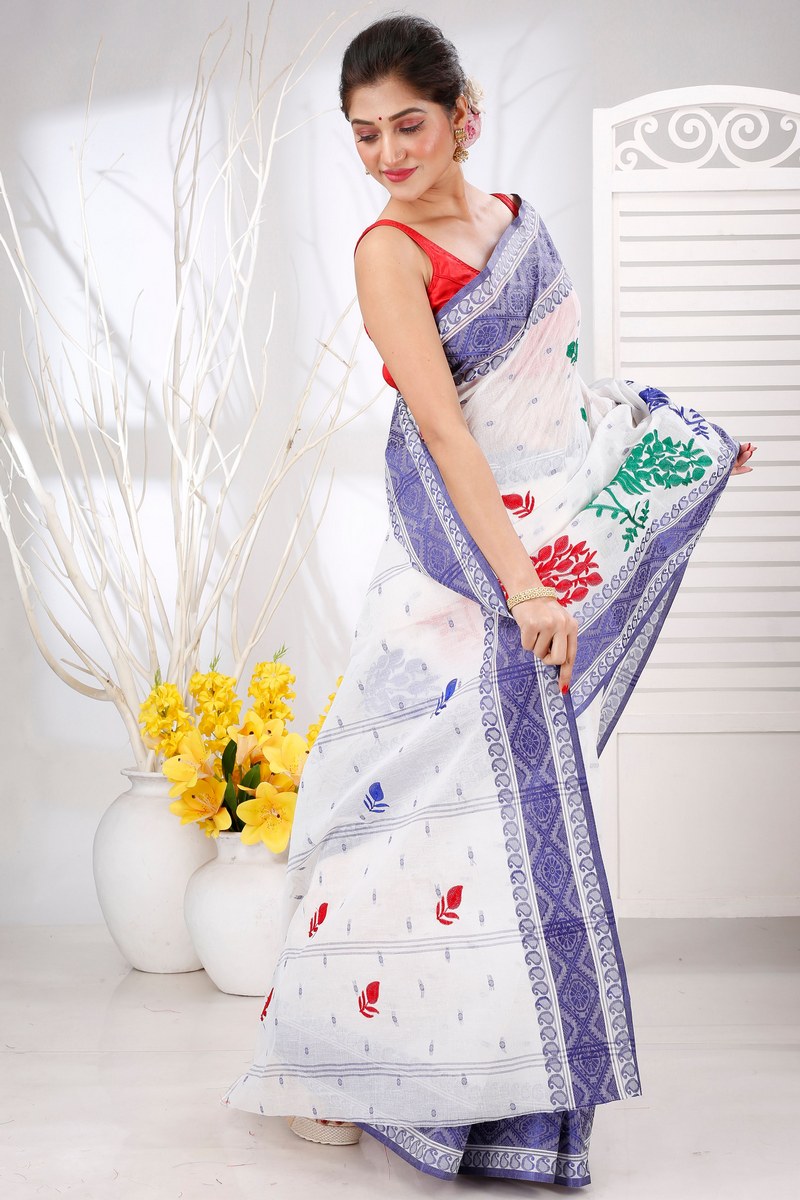 Blue White Pure Cotton Embi Boysko Moyur Tant Embroidery (1454)