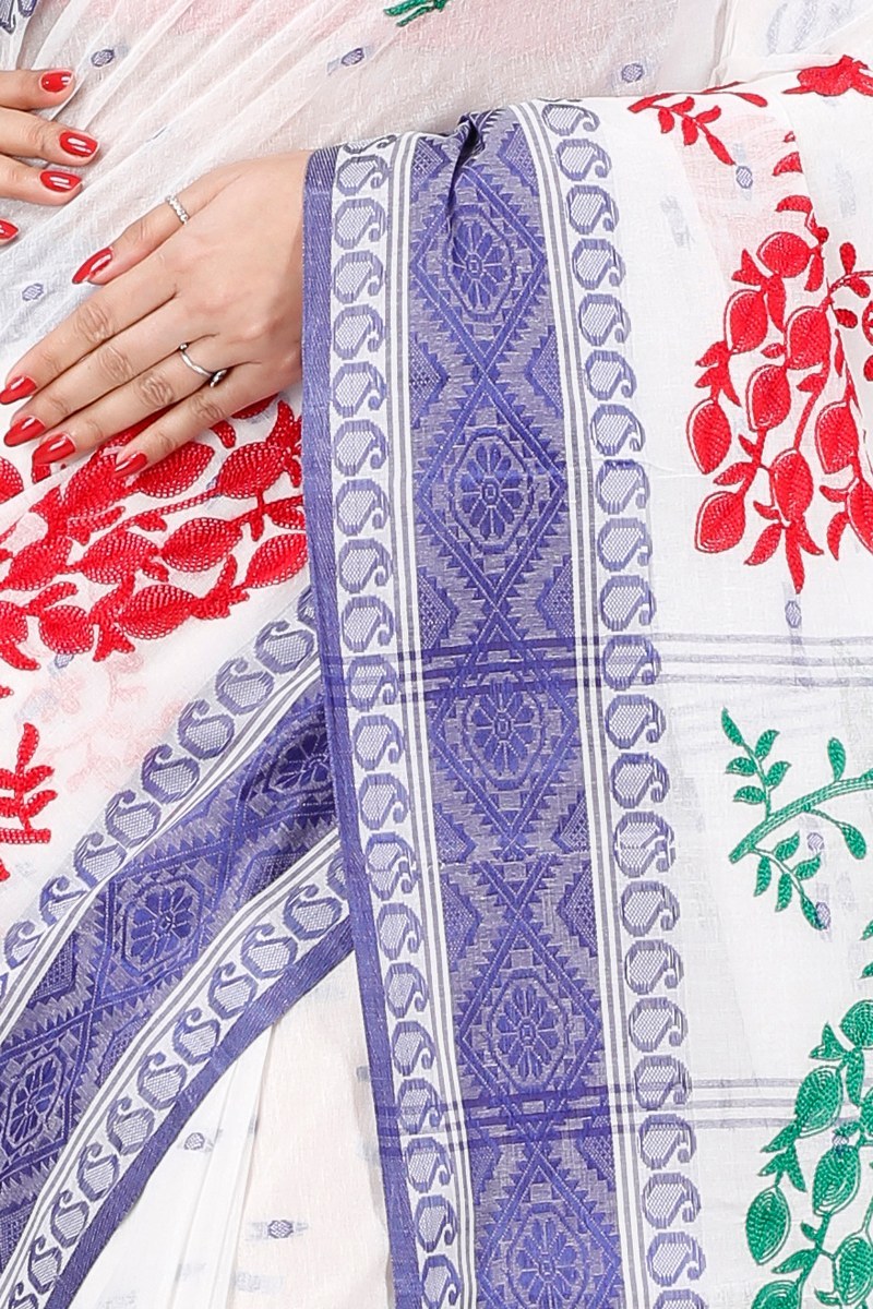 Blue White Pure Cotton Embi Boysko Moyur Tant Embroidery (1454)